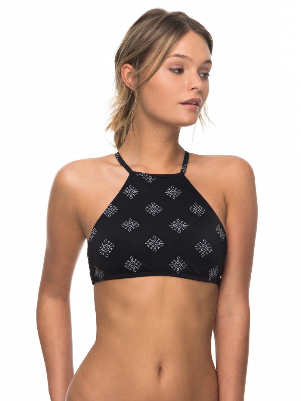 Roxy Black High-Neck Patterned Bikini Top